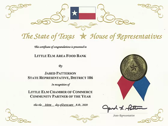 Texas House of Representatives Certificate of Congratulations - Little Elm Chamber Partner of the Year